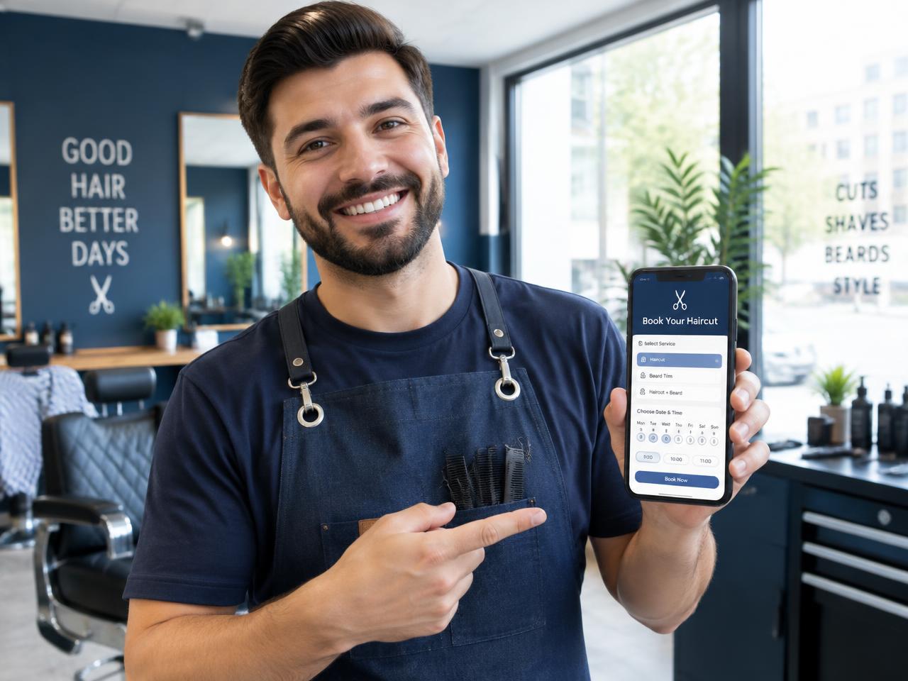 Barber showing a booking website on his phone